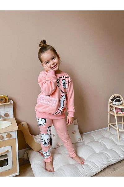 My Kids Wear Milk Fabric Printed Detailed Three Thread Non-Raised Bottom and Top Set