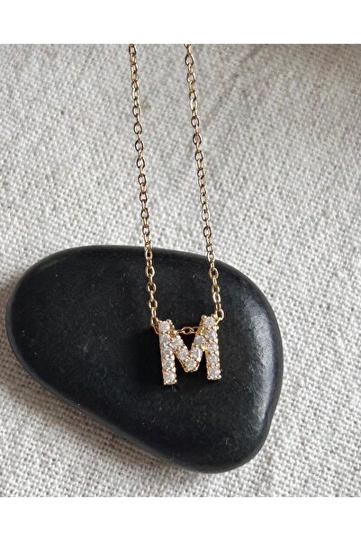 juleeco Taşlı M Harfi Gold Çelik Kolye