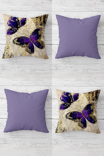 Pelangi Lilac Flying Butterfly Patterned Hidden Zippered Throw Pillow Cover Set - 4 Pieces