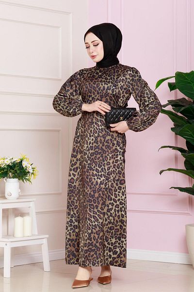 Sevitli Rochie de seara hijab cu model leopard - cu dantela laterala, maro