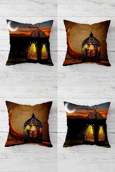 Pelangi Eid Mubarak Crescent Theme Hidden Zipper Throw Pillow Case - Ramadan Lantern Sofa Pillow Set (4pcs)