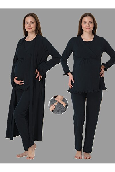 LOHOUSE Kadın Lacivert Uzun Kol Tam Boy Sabahlıklı Kruvaze Lohusa Hamile 3'lü Pijama Takım