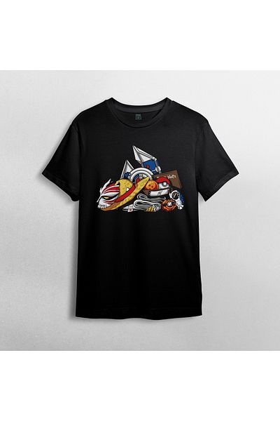 Pixxa Anime Collage One Piece Bleach Pokemon Dragon Ball 100% βαμβακερό μπλουζάκι με λαιμόκοψη μοντέλο 1