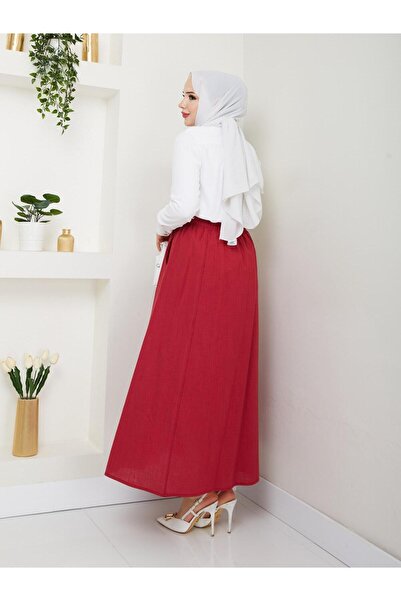 Nergis Neva Butik Λινό φούστα με ελαστική μέση με τσέπες