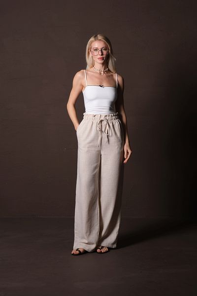 Domoda Cream Cotton Elastic Waist and Drawstring Relaxed Cut Wide Leg Textured Summer Women's Trousers @Lagos