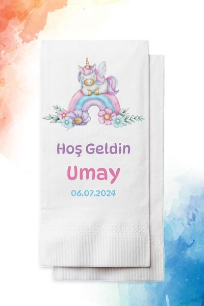 nna tasarım 50 Adet Kişiye Özel Isim Baskılı Kız Çocuk Unicorn Sunum Peçetesi...