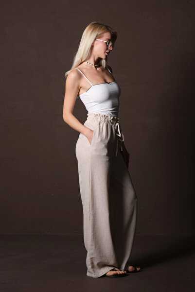 Domoda Pantaloni de vară pentru femei, din bumbac crem, cu talie elastică și cu șnur, cu picior largi, texturați @lagos