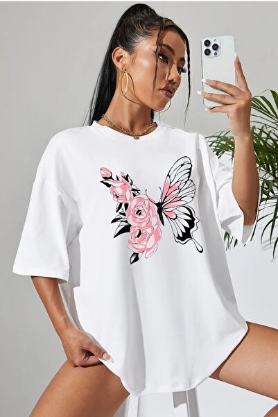 stg spor toptan giyim Γυναικείο μπλουζάκι με λευκό λουλουδάτο σχέδιο πεταλούδ...