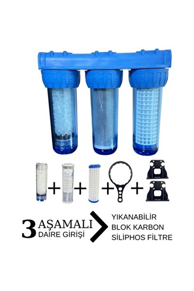 SULOOK 10'' Sliphos Filtreli 3'lü Daire ve Bina Girişi Filtre Kabı