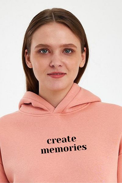 FİHA Unisex Printed Raised Hooded Sweatshirt - Apricot