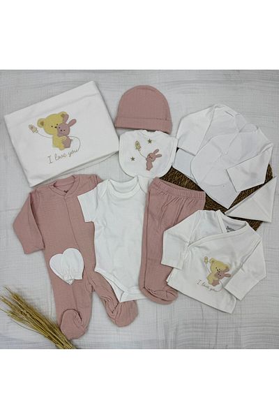 Bebitof 10 Piece Boxed Newborn Hospital Discharge Bodysuit Set with Hugging Teddy Bear Pattern