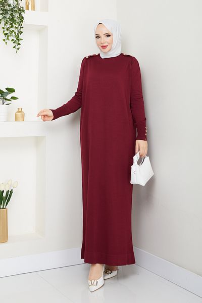 Pamuk Butik Claret Red Knitwear Mercerized Dress - Women with Shoulder Epaulettes
