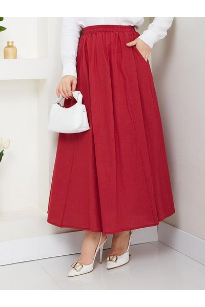 Nergis Neva Butik Λινό φούστα με ελαστική μέση με τσέπες
