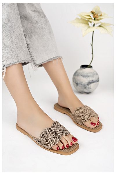 Modafırsat Women's Casual Slippers Tan Knit Lace Knitwear Straw Knitted Stylish Summer Home Beach Vacation Street Slippers