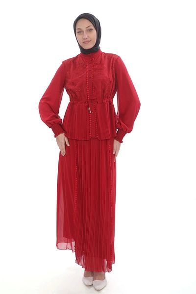 lodmela Pleated Double Chiffon Set with Lacing Detail 116-Red