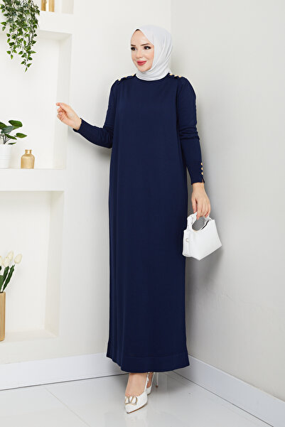 Pamuk Butik Kadın Omuzu Apoletli Merserize Triko Elbise Gece Mavisi