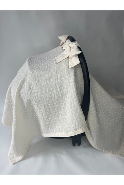 BabyKAR Muslin-Ecru Colored Stroller Cover, Breastfeeding Bib and Pompom Cover