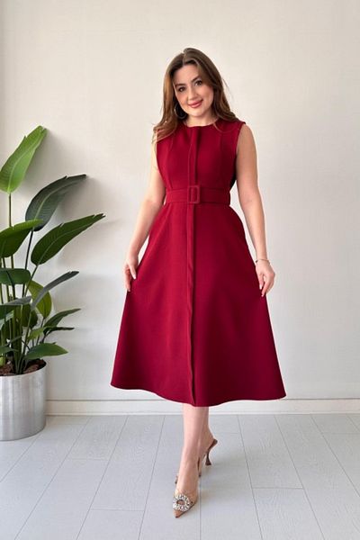 MOZENA Front Pleat Belt Dress