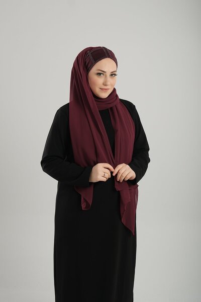 HÜRREM BONE Бордовий шифоновий вечірній шаль - з квадратним візерунком і камі...