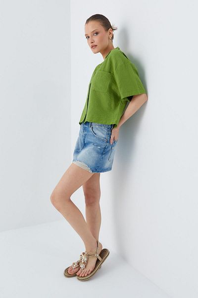 Mixray Cămașă Crop Model Olive 4556 - Femei, Design de bază cu buzunare