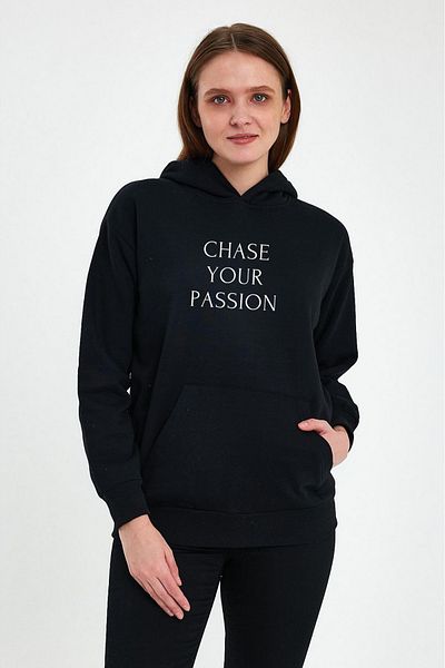 FİHA /2502-Unisex Printed Charted Hooded Sweat - Black