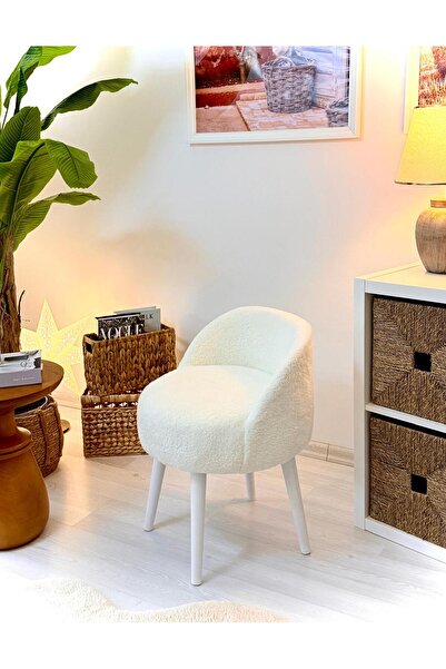 WEBPANYA MOBİLYA X Large Beyaz Tedy Kumaş  Dekoratif  Berjer Puf Makyaj Masas...