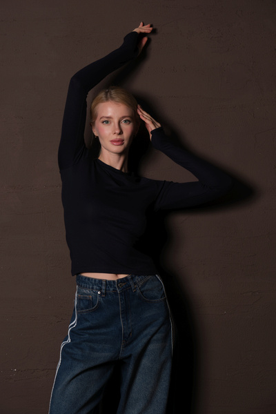 Domoda Navy Blue Viscose Breathable Flexible Crew Neck Soft Long Sleeve Women's Blouse @Palencia