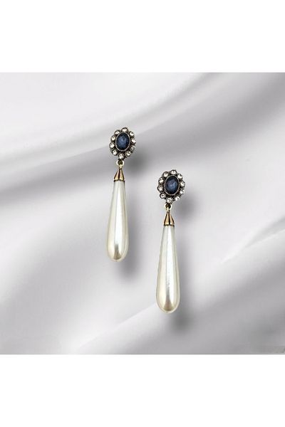 TMD AKSESUAR Sapphire Zircon Stone Rose Monture Long Drop Pearl Antique Earrings