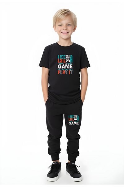 panios kids Set de sus și de jos cu buzunar dublu pentru băiat cu imprimeu Life is Game
