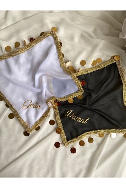 LE FANTASİA 2li Nakışlı Gelin & Damat Halay Mendil - Beyaz Siyah & Gold