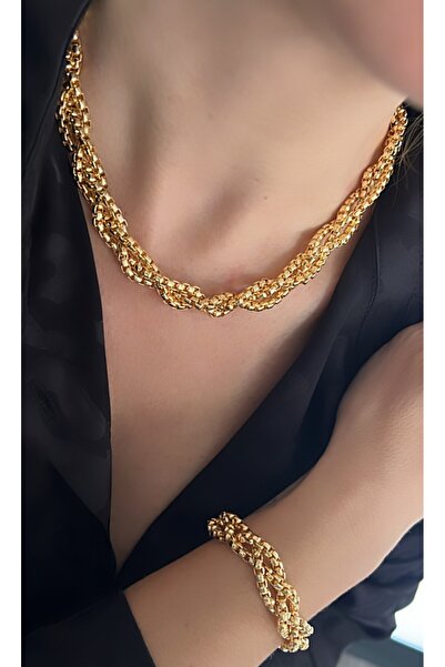 Kutcha Accessories Zincir Örgü Modeli Altın Renkli Kolye ve Bileklik Seti
