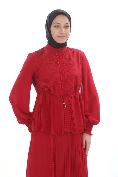 lodmela Pleated Double Chiffon Set with Lacing Detail 116-Red