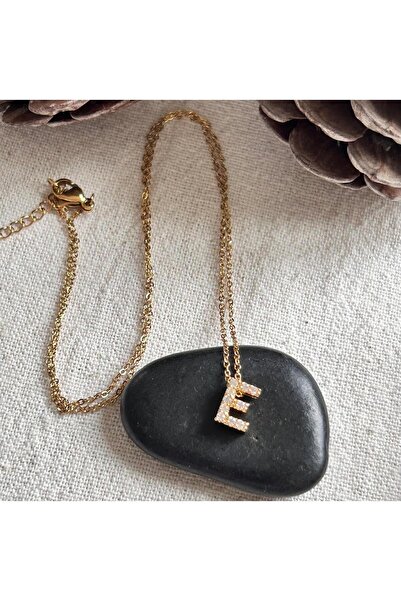 juleeco Taşlı E Harfi Gold Çelik Kolye