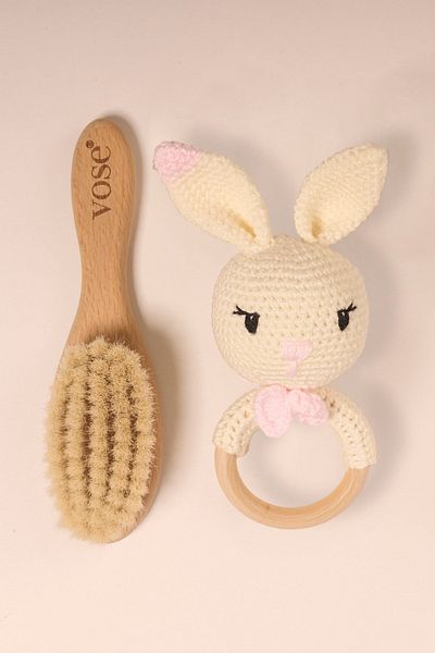 Vose Set of 2 Wooden Soft Baby Hair Brush & Amigurumi Rattle Teether
