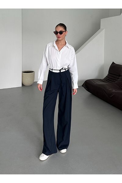 Laluvia Navy Blue Belt Rope Detailed Design Trousers - 3576