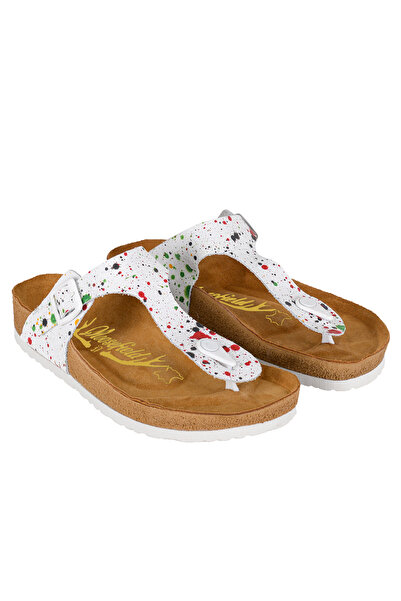 Moosefield Papuci de damă albi cu imprimeu din piele naturală