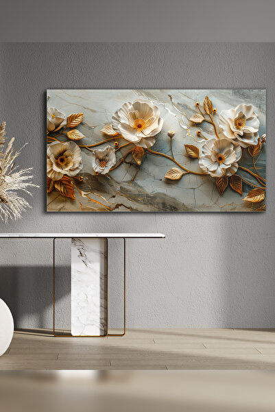 Evinemoda Gold Yapraklı Beyaz Çiçekler Tek Parça Kanvas - Canvas Tablo