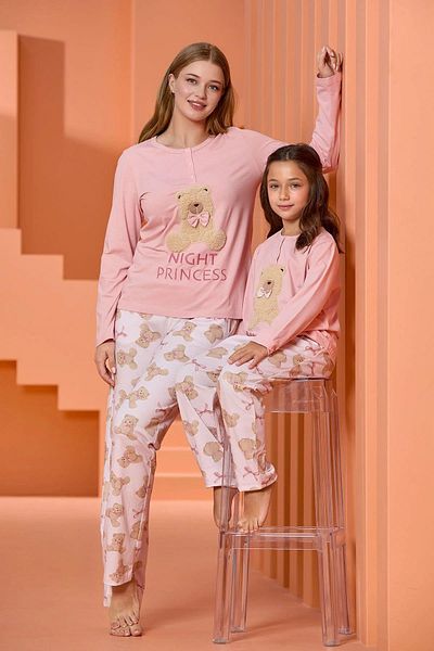 Cossy By Aqua 25020 Women's Pink Long Sleeve Teddy Bear Printed Cotton Pajama Set