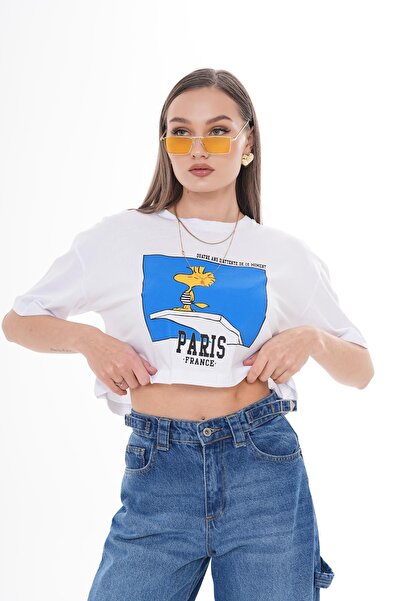 ŞİMAL Жіночий футболка з принтом спереду, велосипедний комір, вільний крій 250124 -