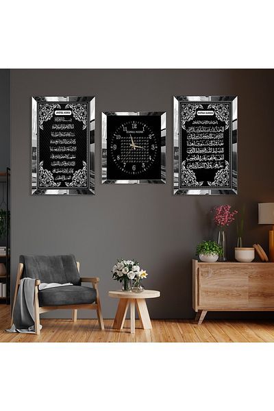 Zevahir Mobilya Dekorasyon Ayetel Kursi Fatiha Time și Esmaul Hüsna Set de masă din MDF triplu cu margine din plexiglas și set de ceasuri
