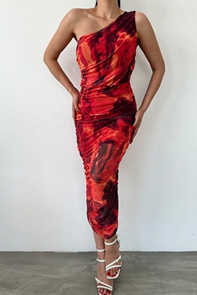 Mossta One Shoulder Patterned Midi Tulle Dress Red