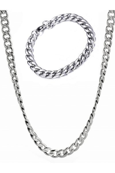 Takı Dükkanı 8mm Thick Gourmet Men's Steel Necklace and Bracelet Chain Set Eck18T