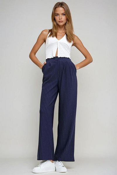 VAGGON Women's Navy Blue Striped Double Pocket Palazzo Knitted Trousers