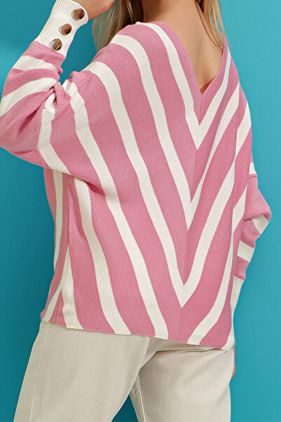 VAGGON Pulover de damă, cireș, cu decolteu în V, cu dungi supradimensionate