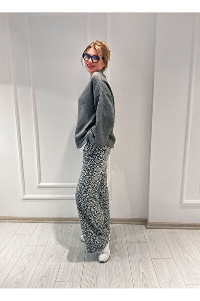 Store Leopar Desenli Palazzo Pantolon - Gri