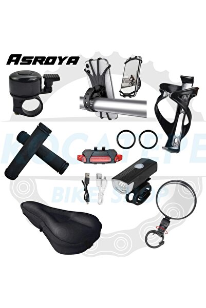 Asroya 8 Adet Bisiklet Aksesuar Seti Işık/Zil/Telefon Tutucu/Matara Kafesi/Ayna/Jel Kılıf/Elcik