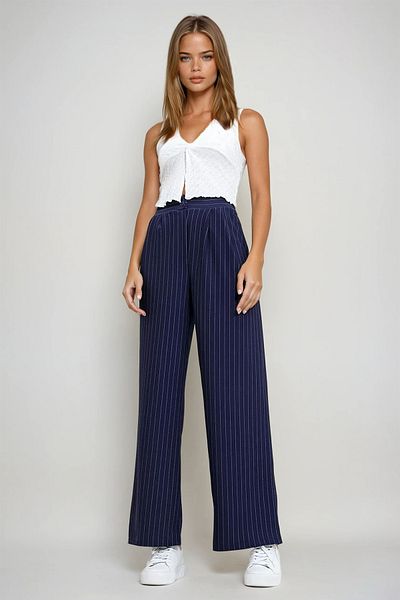 VAGGON Women's Navy Blue Striped Double Pocket Palazzo Knitted Trousers