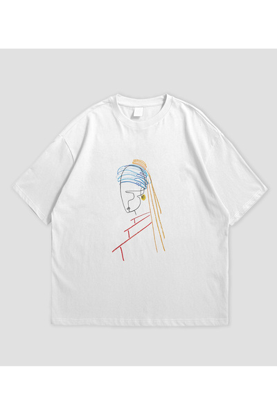 Adrift Fată cu cercei cu perle Design cu dungi pastelate Tricou oversize unisex