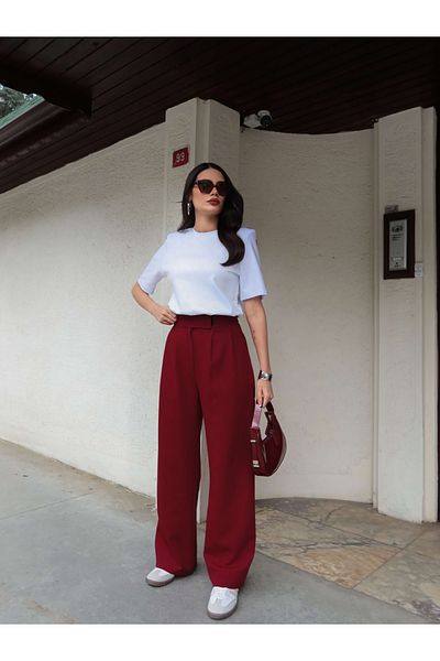 ESRAHELVACI Burgundy Sticky Detail Wide Leg Trousers