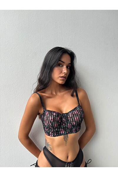 Cansoy Floral Patterned Capless Black Bra Set (693t)